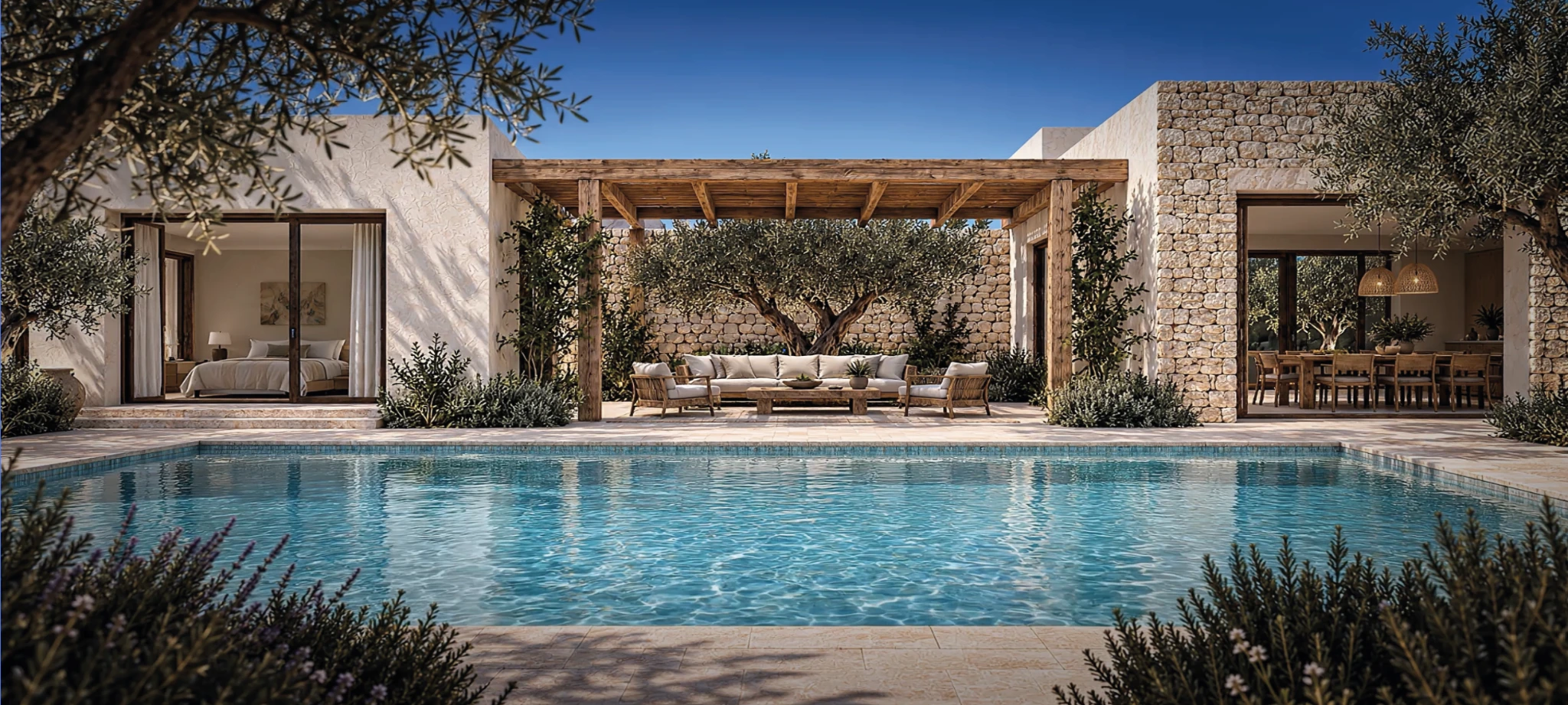 El patio, el olivo y la piscina durante el día
